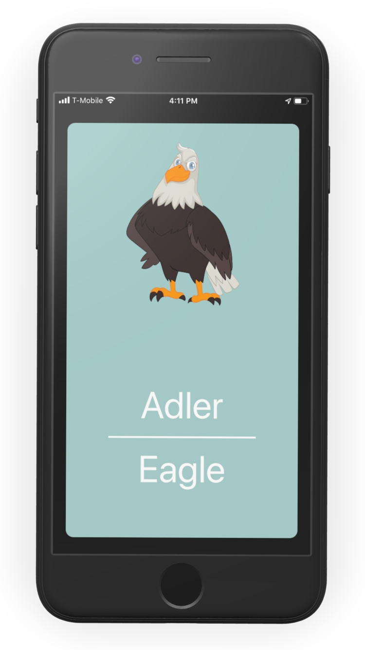 Screenshot Mighty Cards app, showing an eagle with German and English translations